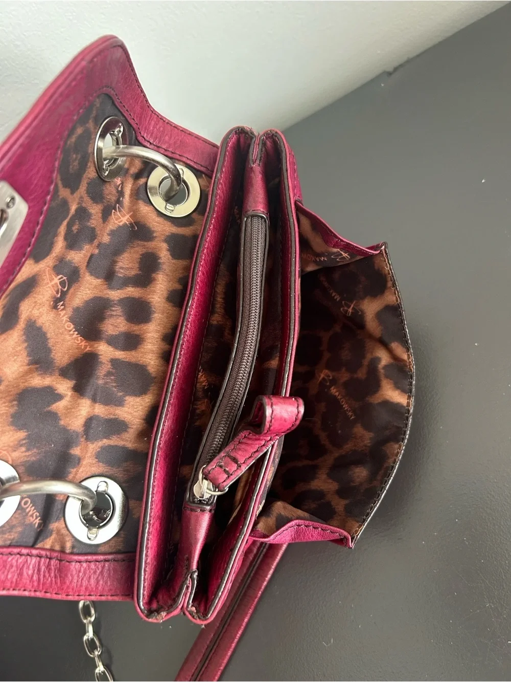 B. Makowsky Burgundy Pebbled Leather Crossbody Bag Silver Chain Purse